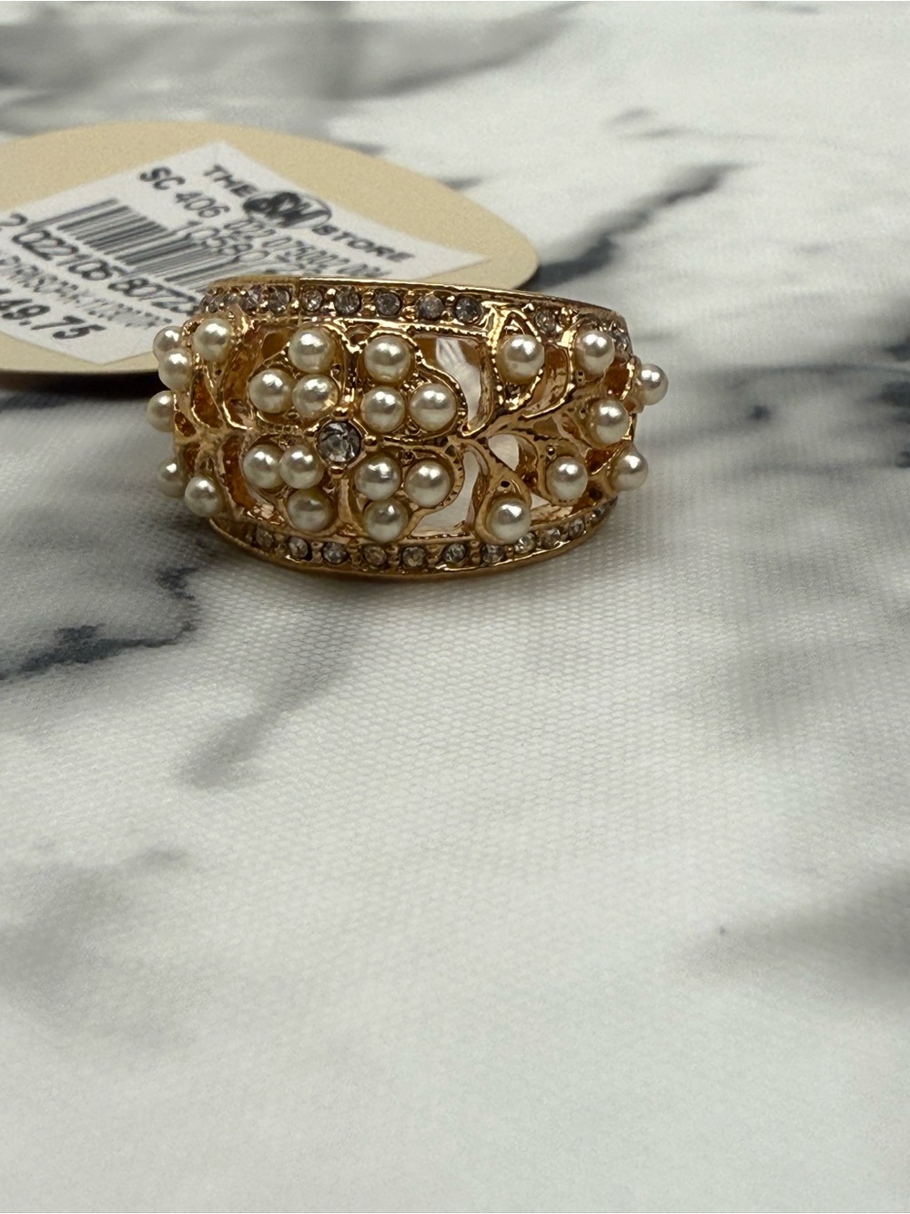 KLAD Gold Tone Pearl Rhinestone Wide Band Ring NWT